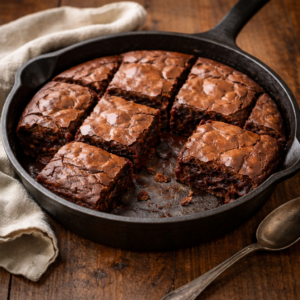 Fudgy skillet brownies baked in a cast iron skillet with one brownie removed to show the rich, gooey chocolate center.