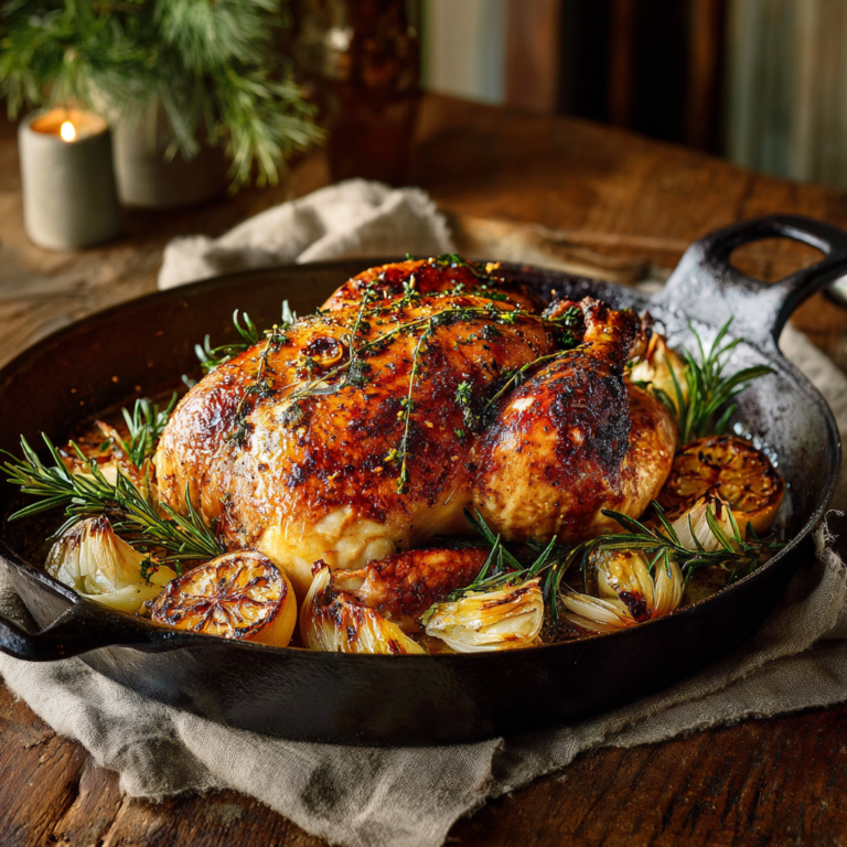 A beautifully roasted whole chicken with crispy golden skin, fresh rosemary sprigs, charred lemon halves, and roasted onions in a black cast-iron skillet, styled on a rustic wooden table with warm holiday lighting.
