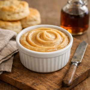 Homemade maple butter with a smooth, creamy swirl served in a white ramekin on a rustic wooden board, with biscuits and maple syrup softly blurred in the background.