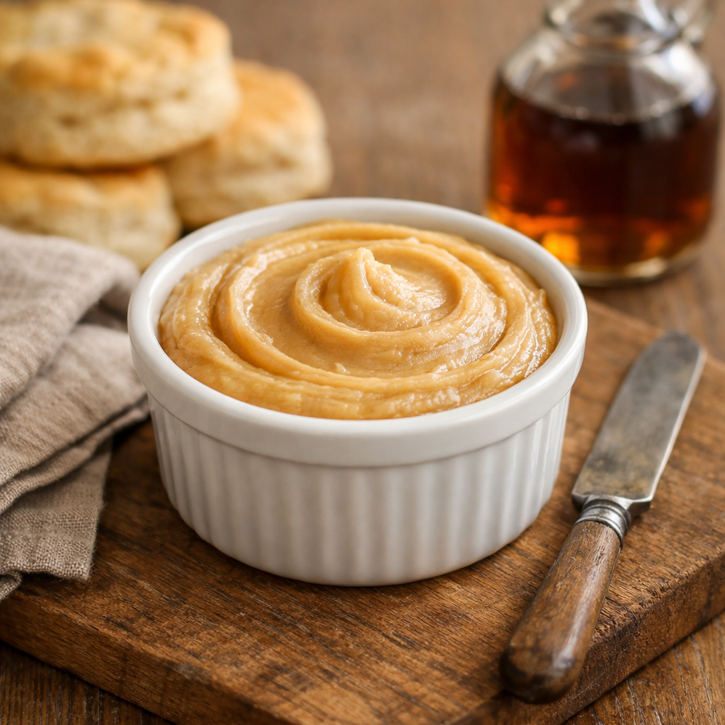 Homemade maple butter with a smooth, creamy swirl served in a white ramekin on a rustic wooden board, with biscuits and maple syrup softly blurred in the background.
