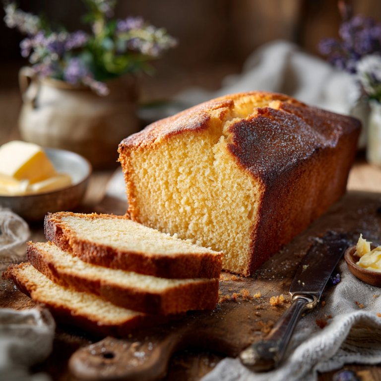 A rustic homemade pound cake loaf on a wooden board, with several slices fanned out to show the moist, buttery texture. Warm farmhouse lighting with soft linens and a vintage knife.