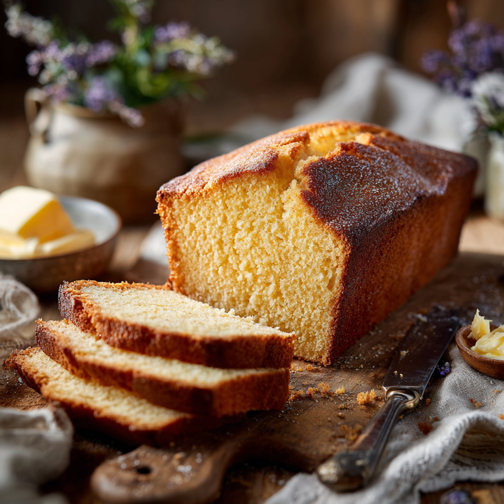 A rustic homemade pound cake loaf on a wooden board, with several slices fanned out to show the moist, buttery texture. Warm farmhouse lighting with soft linens and a vintage knife.