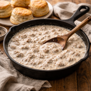 Creamy homemade sausage gravy with finely crumbled sausage and black pepper, served in a cast iron skillet with buttermilk biscuits on a farmhouse table.