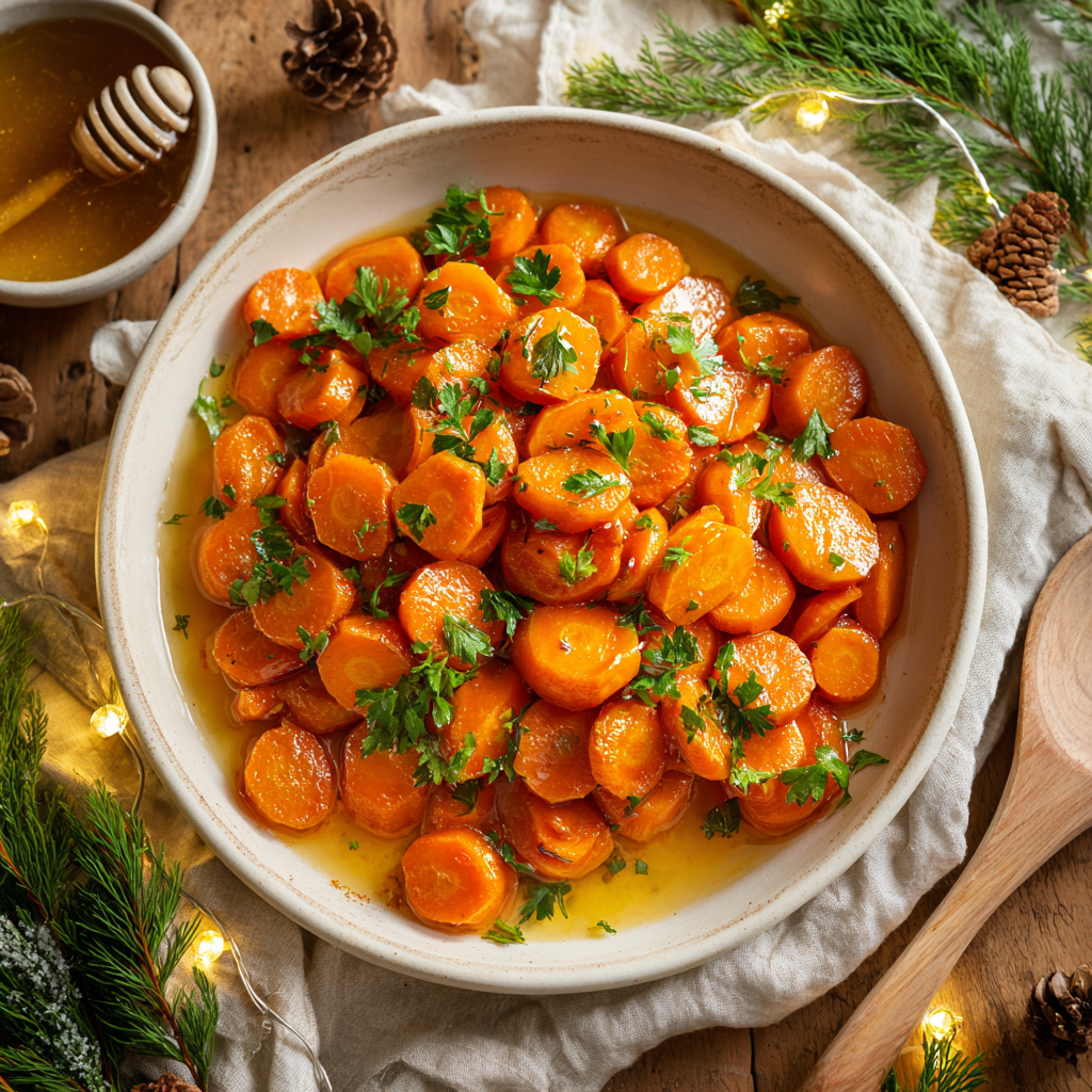 Overhead view of honey butter glazed carrots in a rustic white bowl, garnished with parsley and surrounded by holiday greenery, pinecones, and warm farmhouse décor.