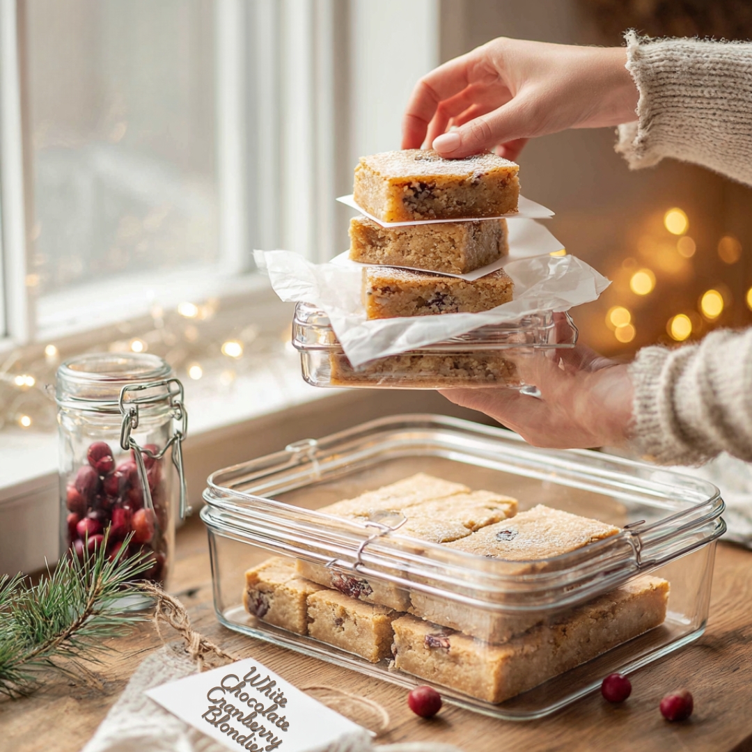 Hands stacking White Chocolate Cranberry Blondies with parchment between layers into an airtight glass container, surrounded by festive cranberries and warm holiday décor.