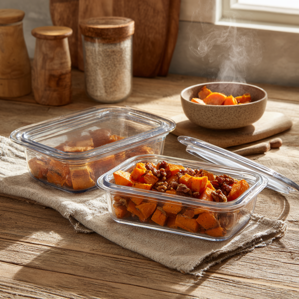 Leftover roasted sweet potatoes stored in clear airtight glass containers with a bowl of reheated sweet potatoes steaming in a rustic farmhouse kitchen.