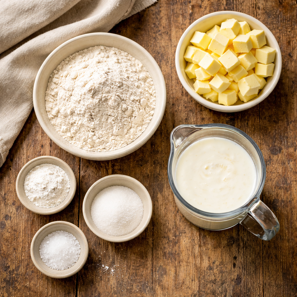 Flat lay of ingredients for classic buttermilk biscuits including flour, cubed butter, buttermilk, baking powder, sugar, and salt on a wooden surface.