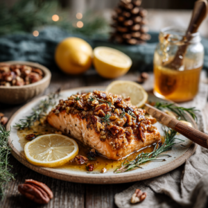 Maple pecan crusted salmon fillet topped with a caramelized pecan glaze, served with fresh lemon slices and rosemary on a rustic plate in a cozy farmhouse setting.