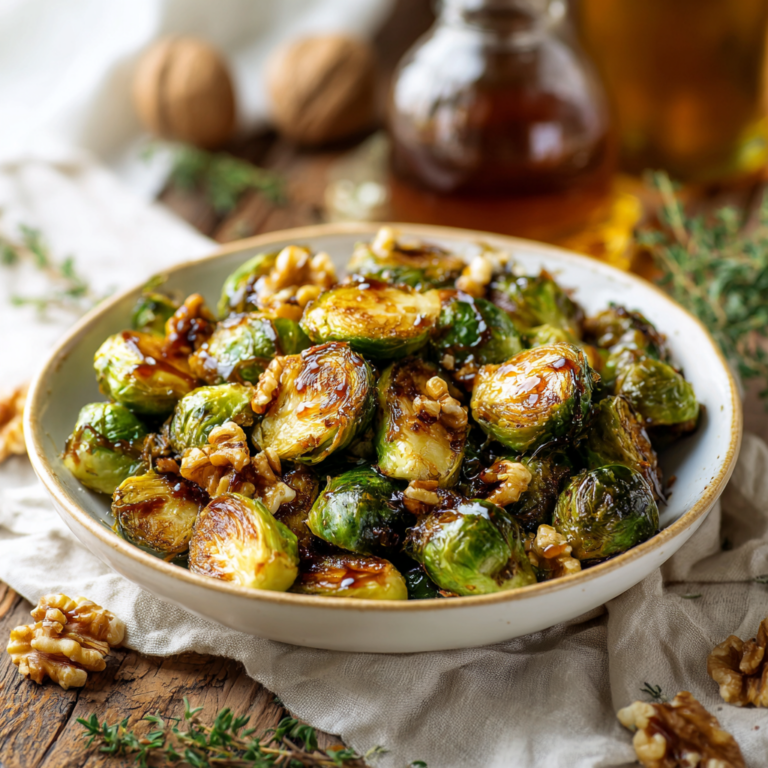 A bowl of roasted Brussels sprouts glazed with maple syrup and topped with toasted walnuts, served in a rustic farmhouse setting.