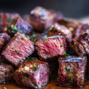 Juicy steakhouse-style garlic butter steak bites cooked in a skillet, showing tender pink centers and a rich seared exterior