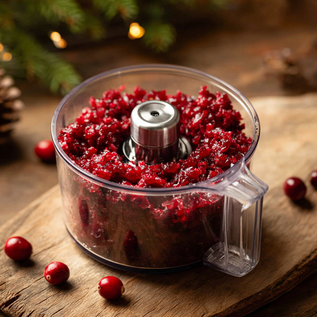 A clear food processor bowl with a handle filled with freshly chopped cranberries, showing a minced, chunky texture with the metal blade visible. Cranberries are partially pulsed, not pureed, in a rustic holiday kitchen setting.
