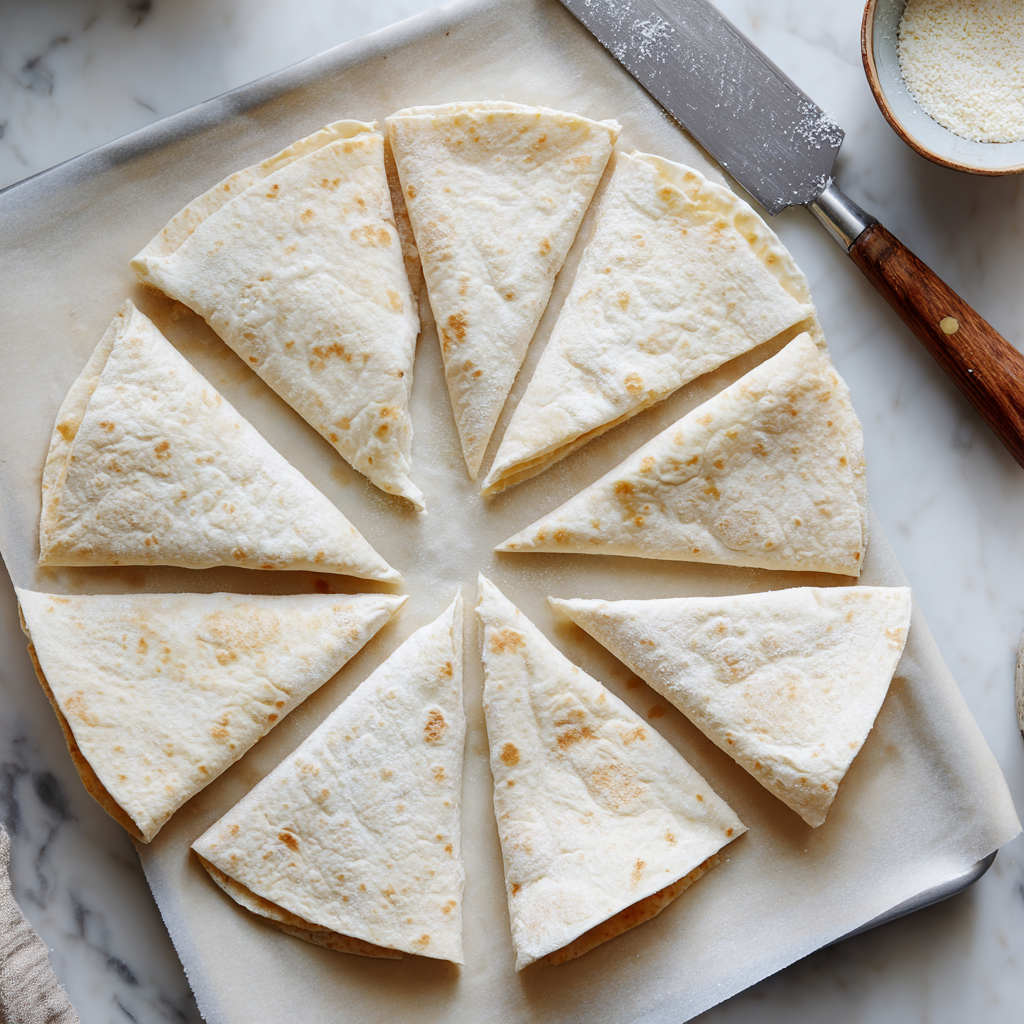 Flour tortillas cut into triangle chip shapes and arranged on a parchment-lined baking sheet before baking