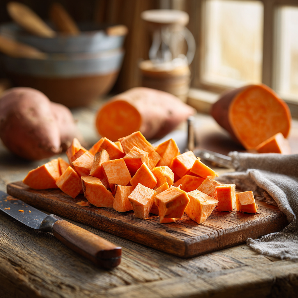 Evenly diced sweet potato cubes on a rustic wooden cutting board in a farmhouse kitchen, with whole sweet potatoes and a knife in the background.