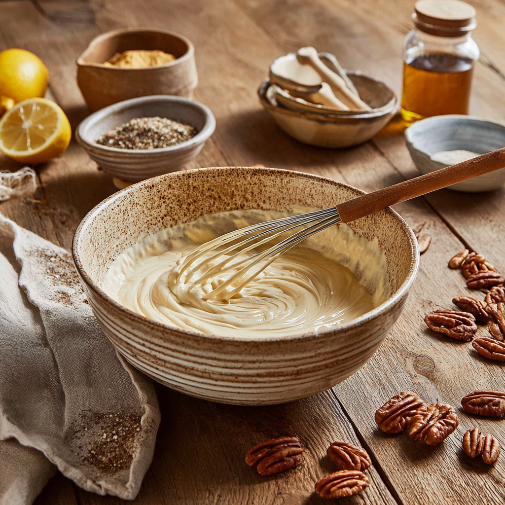 A ceramic bowl filled with a creamy dressing being whisked together on a rustic wooden table, surrounded by lemons, spices, honey, and scattered pecans.