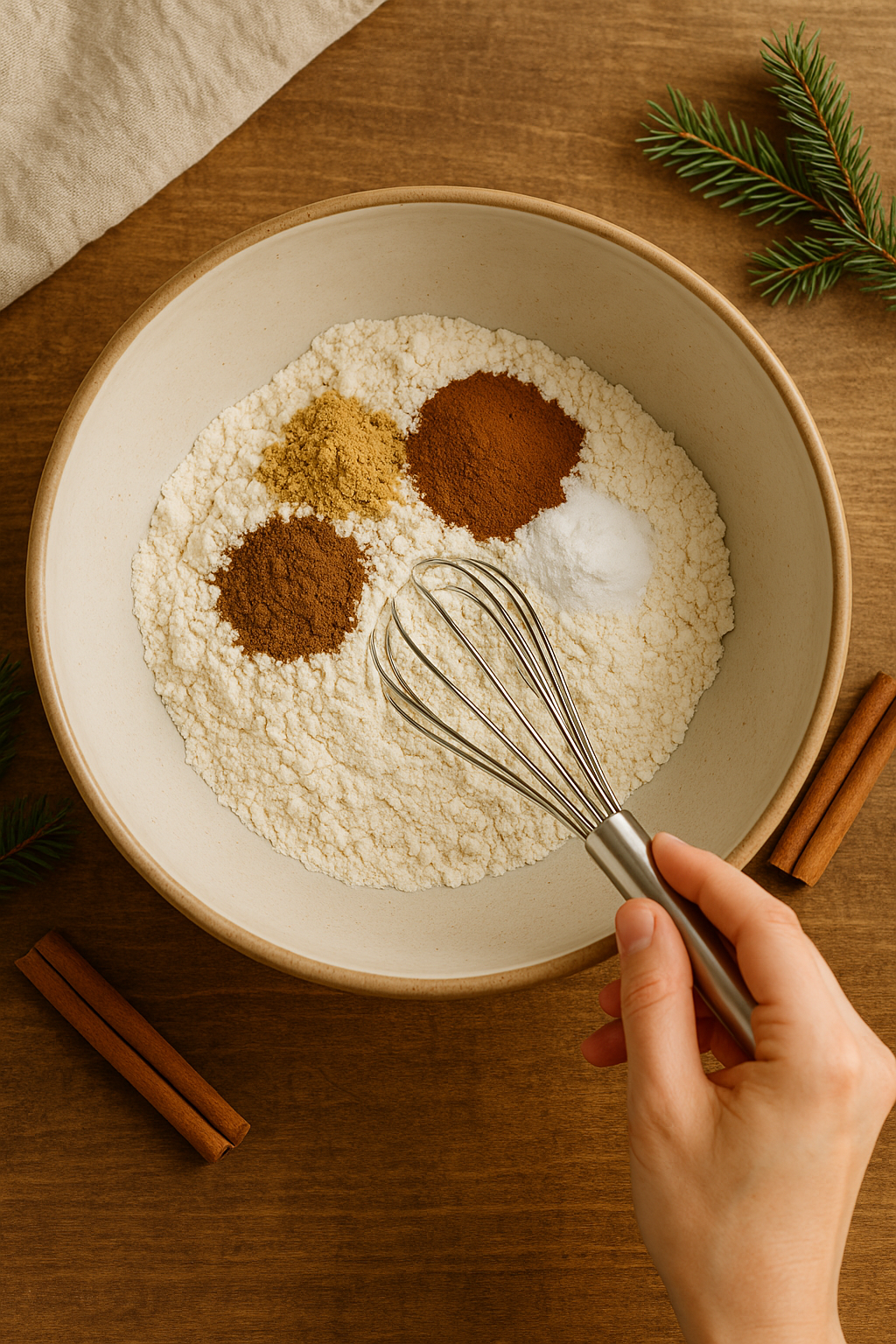An overhead view of a mixing bowl filled with flour and warm gingerbread spices in separate piles, with a hand holding a whisk ready to combine the dry ingredients on a rustic wooden countertop.