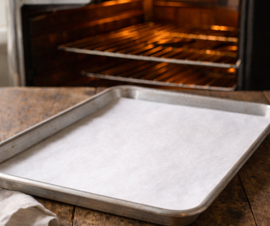 Parchment-lined baking sheet on a rustic wooden surface with a preheating oven in the background.