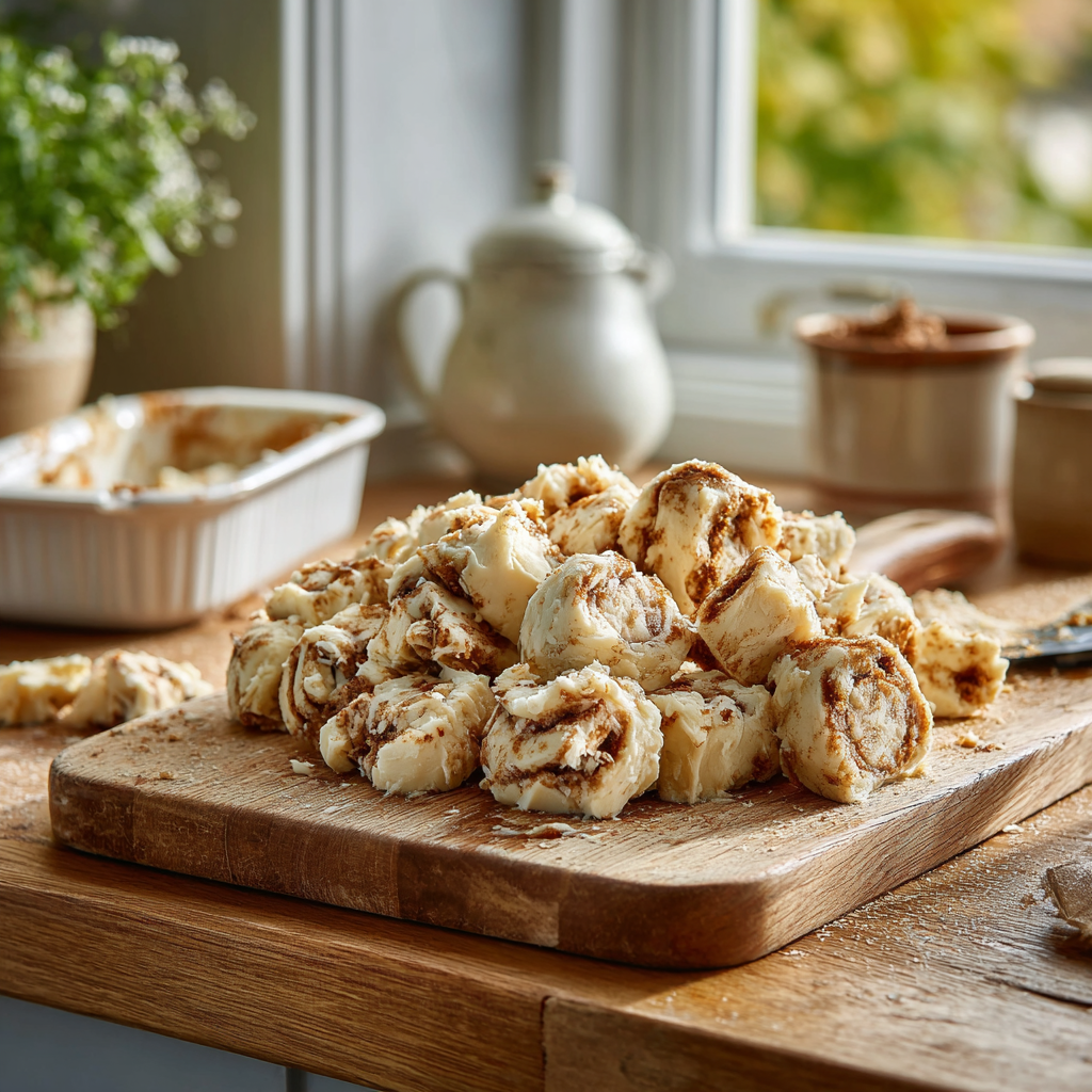Raw cinnamon roll dough cut into bite-size pieces on a wooden cutting board before baking.