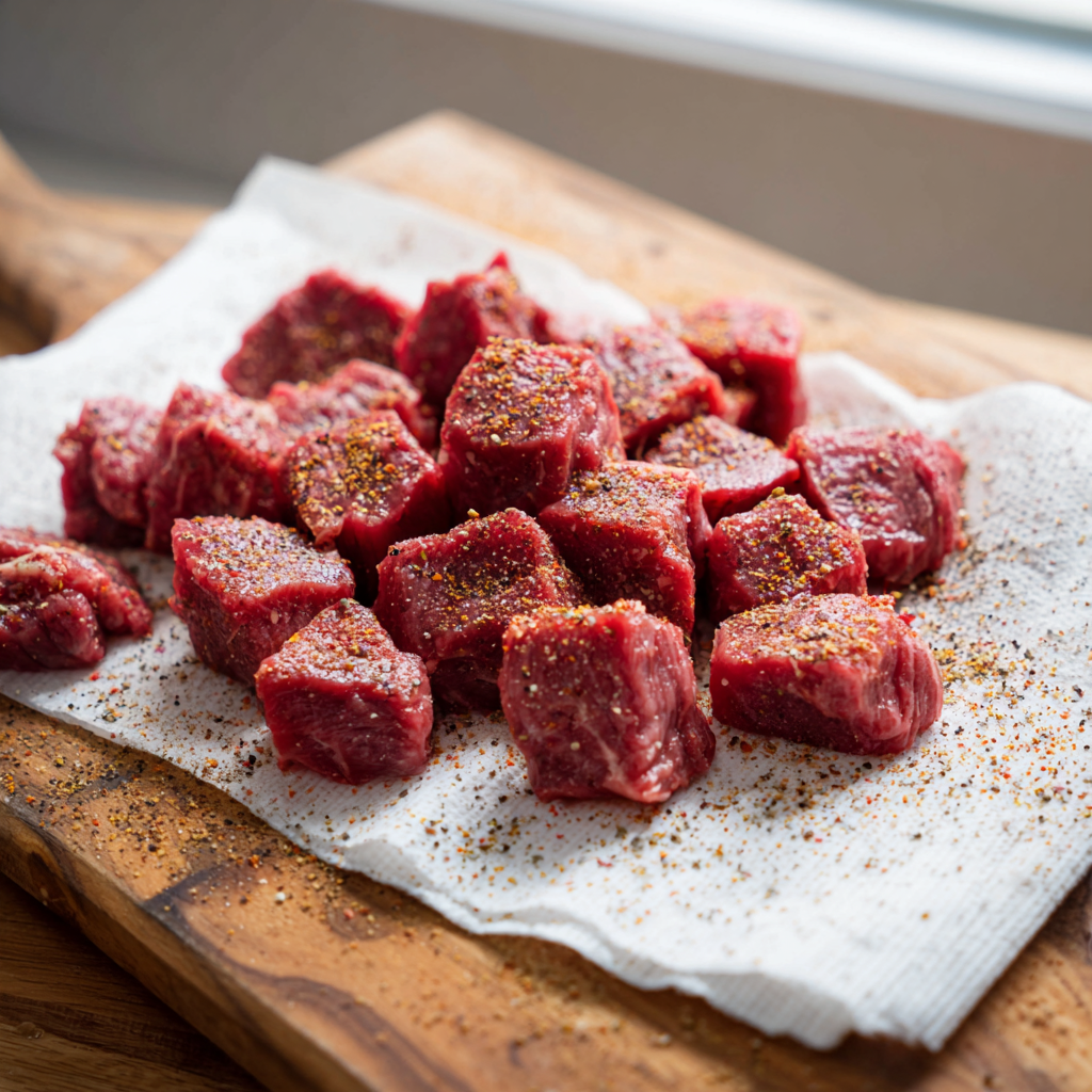 Raw steak cubes patted dry and seasoned with salt, pepper, and smoked paprika on a cutting board