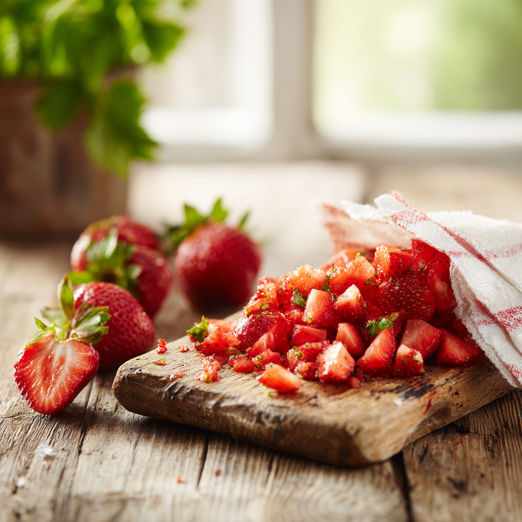 Fresh strawberries washed, hulled, finely chopped, and patted dry on a wooden cutting board for strawberry butter
