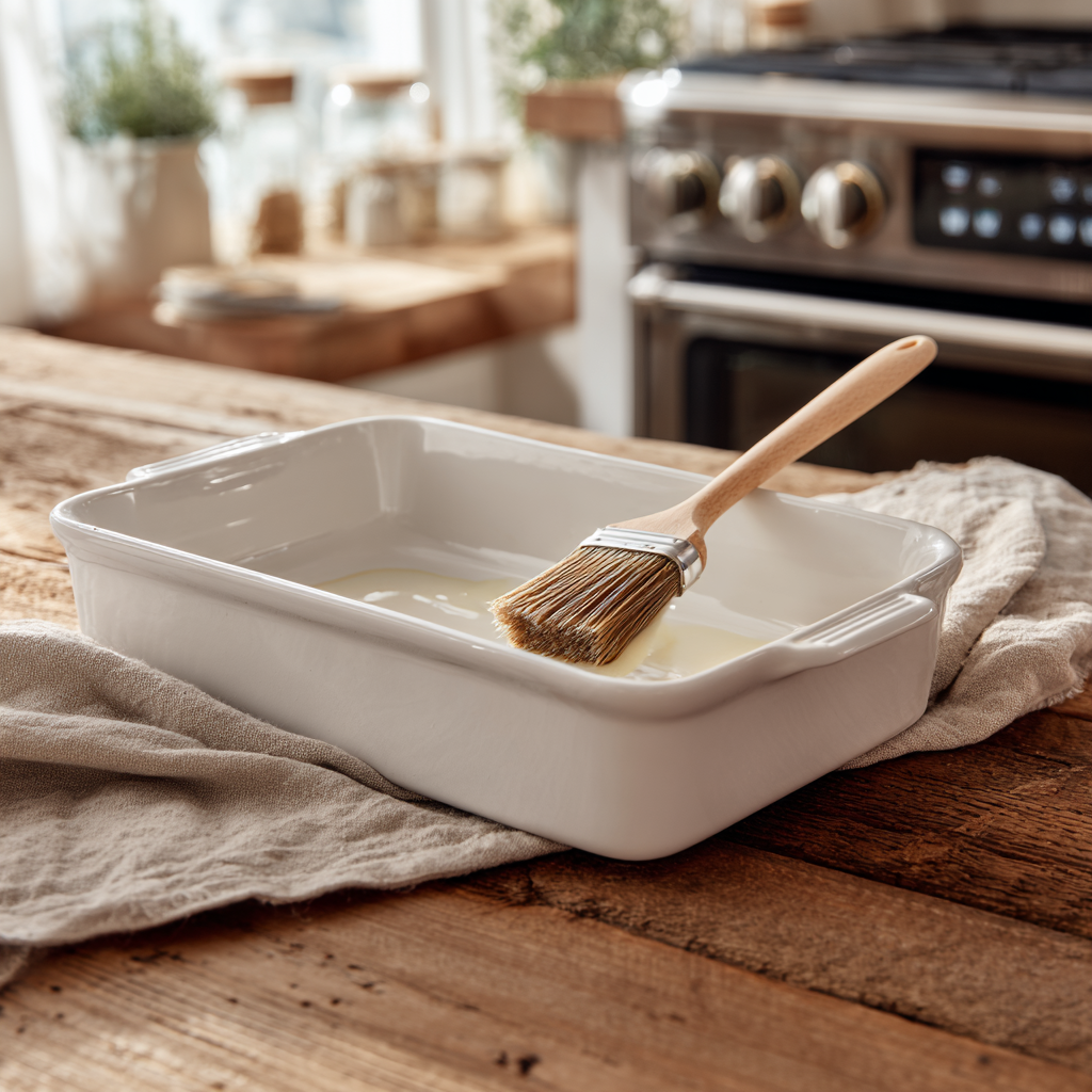 Greasing a white 9×13 baking dish with butter using a pastry brush on a wooden countertop