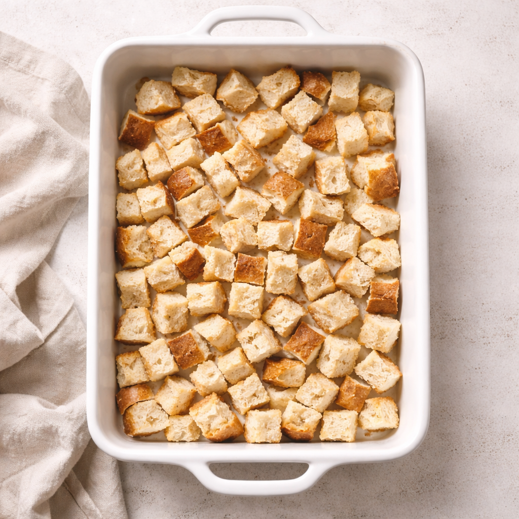 Cubed bread evenly spread in a lightly greased white 9x13 baking dish before adding any liquid.