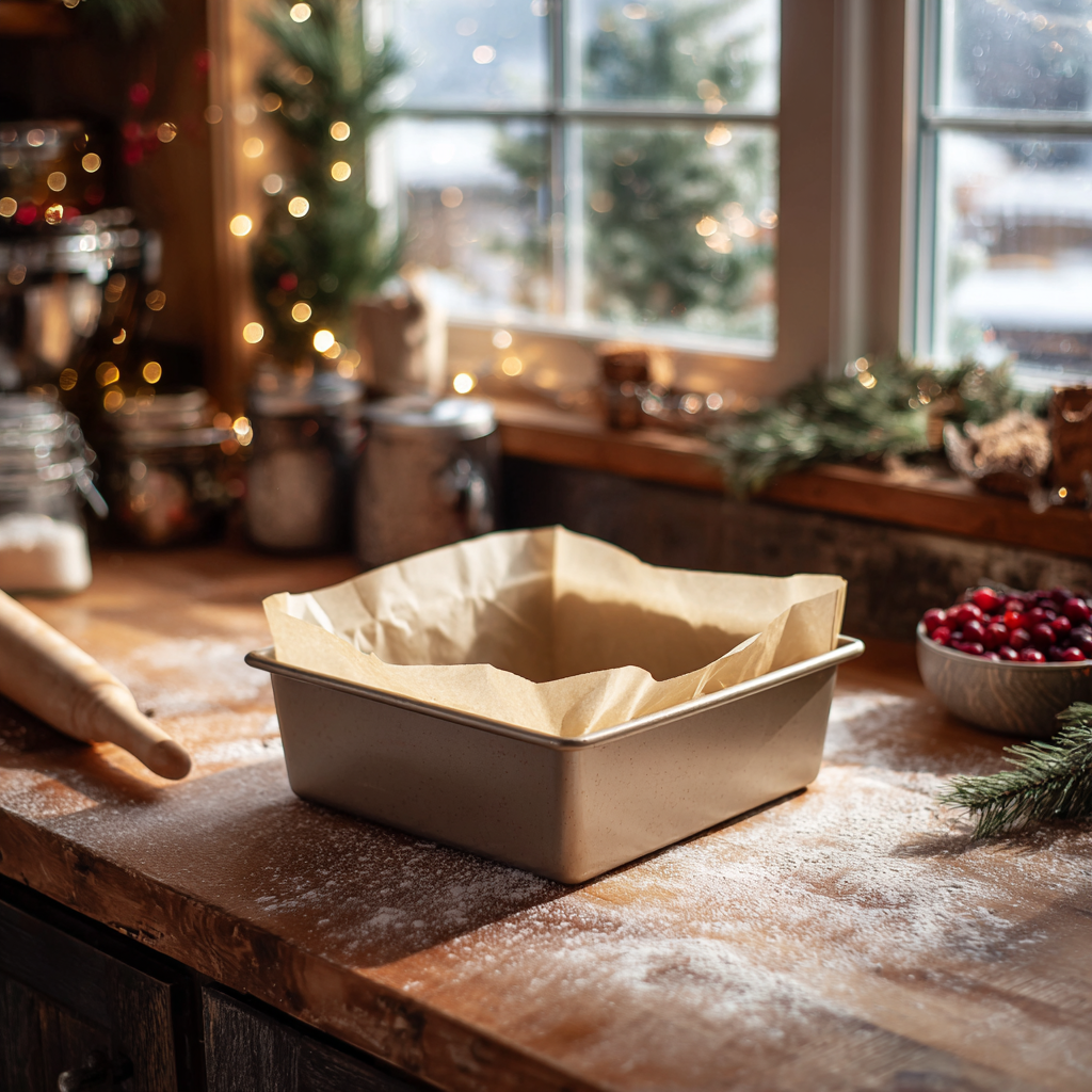 An 8×8 baking pan lined with parchment paper on a rustic wooden countertop, surrounded by holiday décor, cranberries, and warm natural light in a cozy farmhouse kitchen.