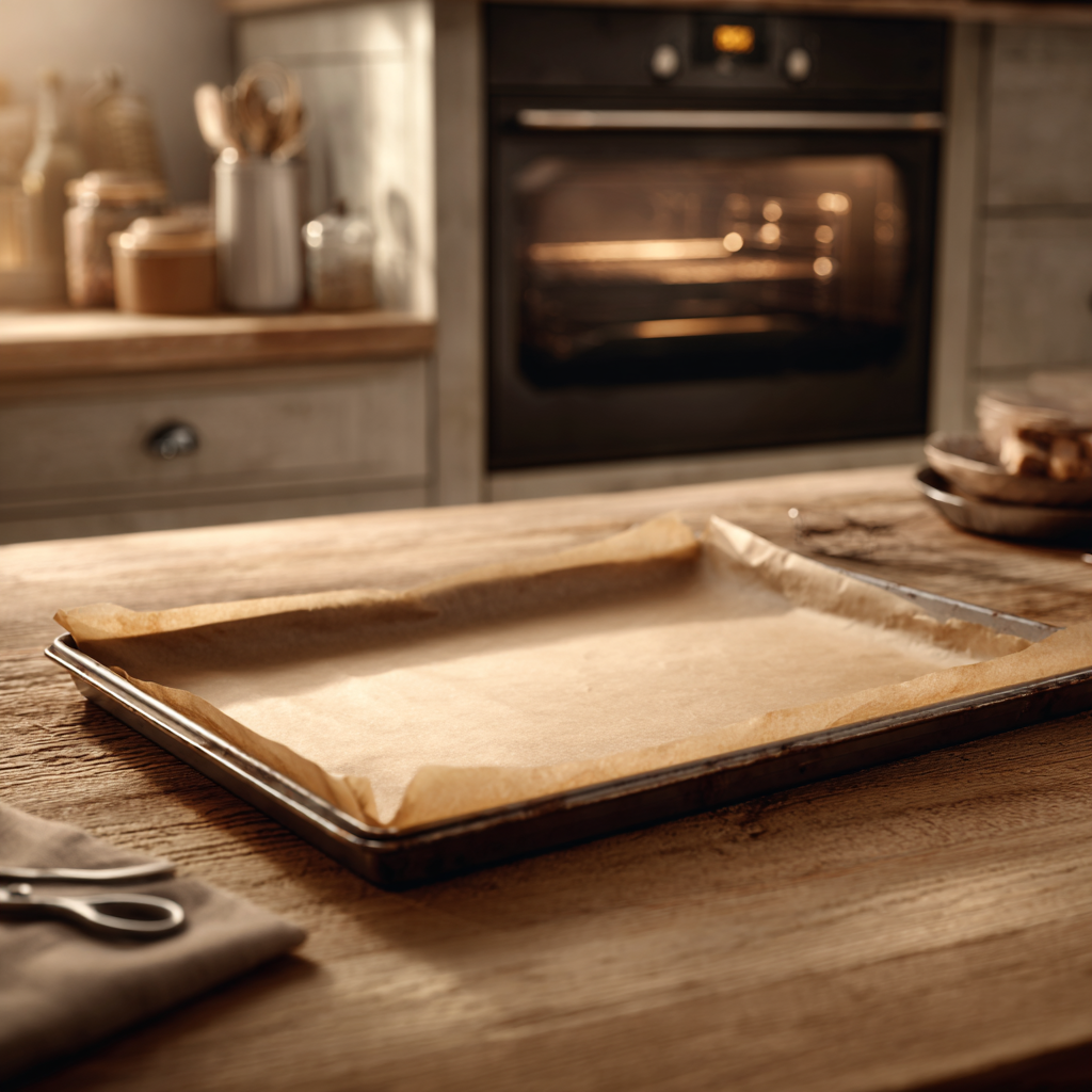 Parchment-lined baking sheet on a rustic wooden countertop with a preheated oven glowing in the background in a cozy farmhouse kitchen.