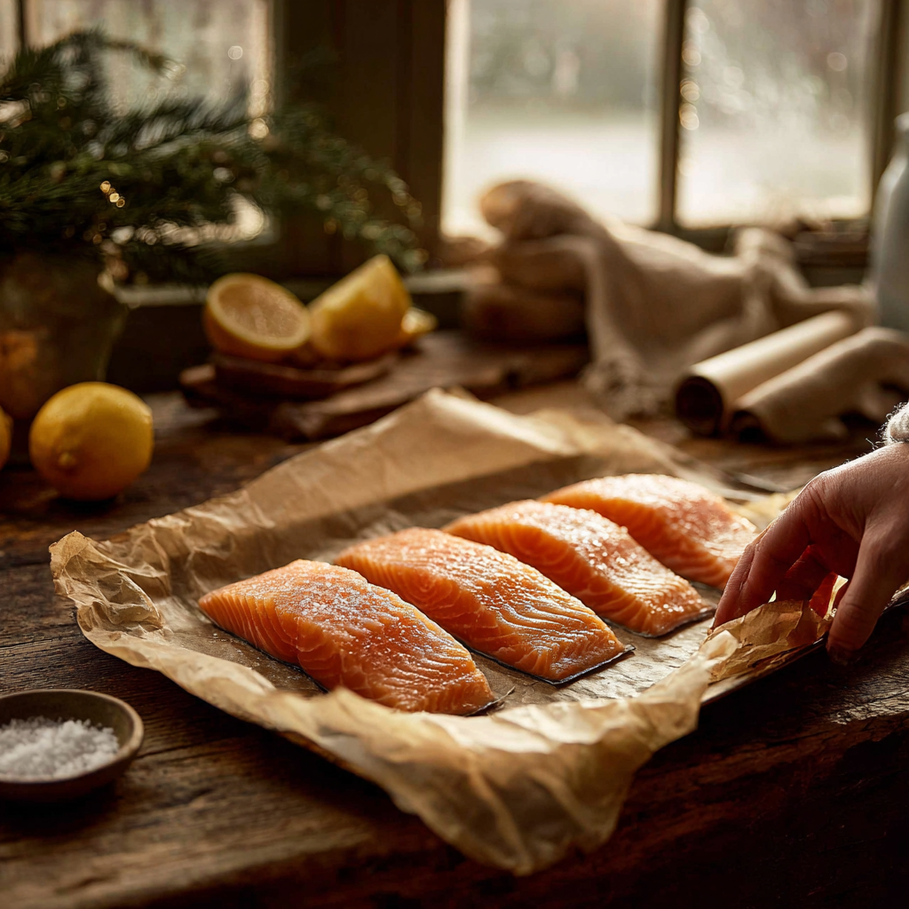 Raw salmon fillets arranged on a parchment-lined baking sheet in a rustic farmhouse kitchen, with warm window light, lemons, greenery, and a hand adjusting the parchment paper.