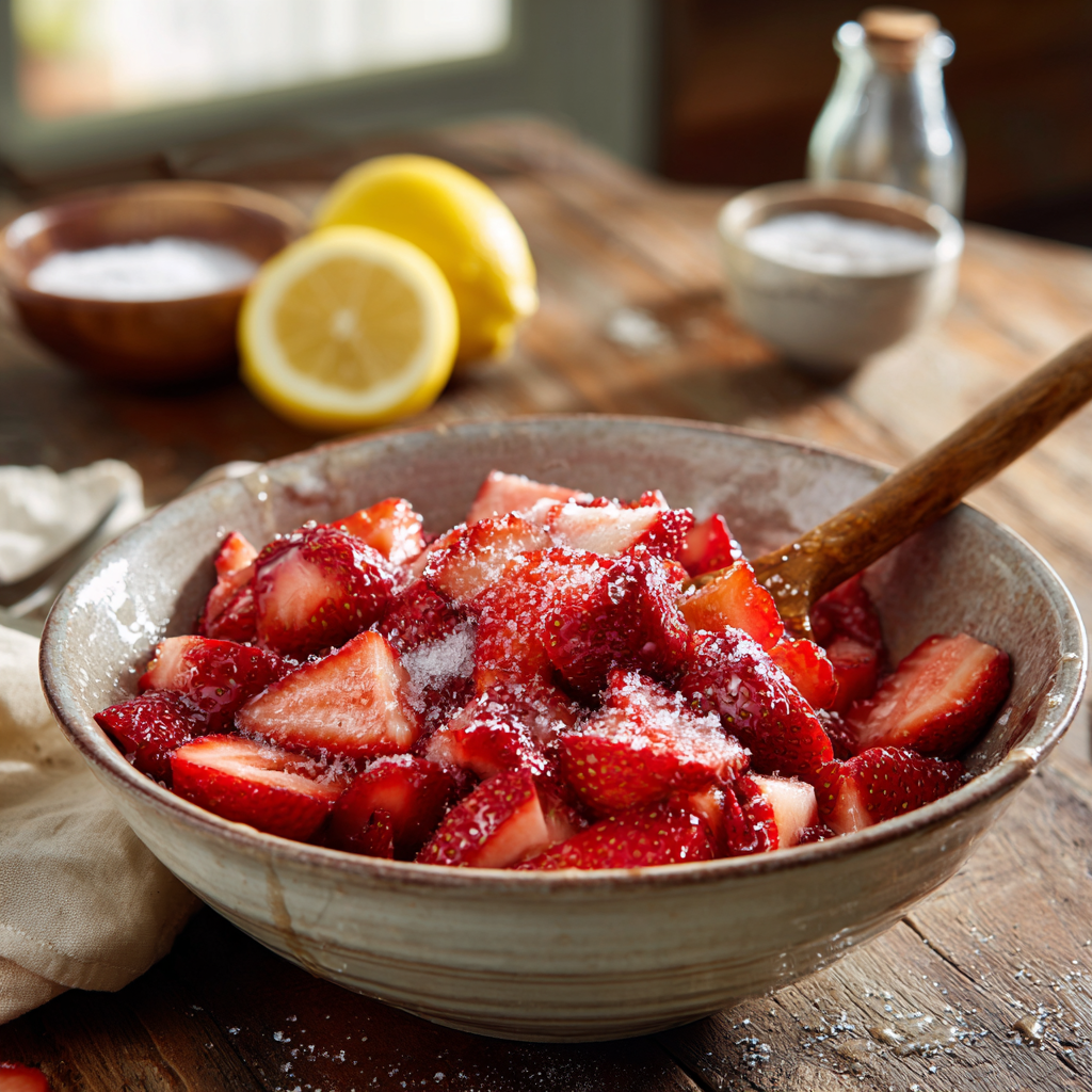 Fresh sliced strawberries tossed with sugar and lemon juice in a mixing bowl, beginning to release their juices for strawberry shortcake skillet dessert.