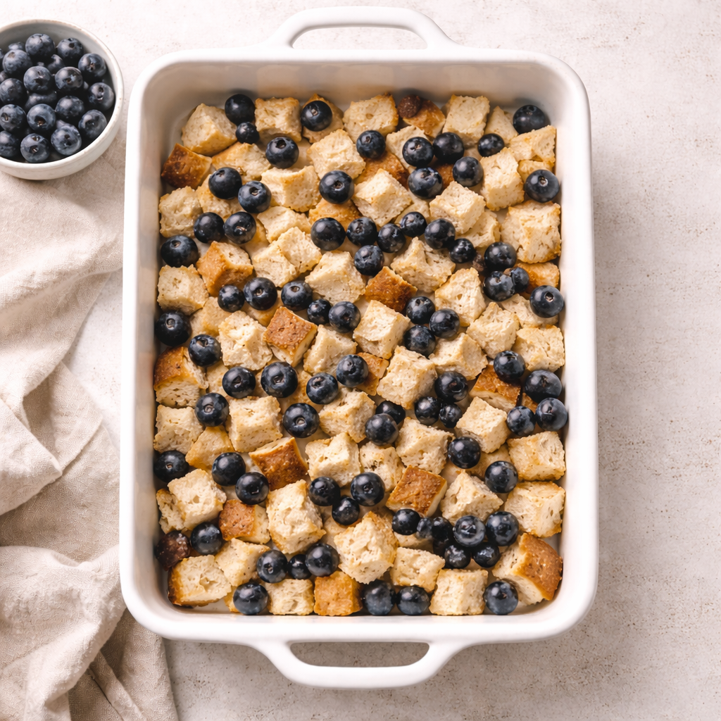Fresh blueberries sprinkled evenly over cubed bread in a white 9x13 baking dish.