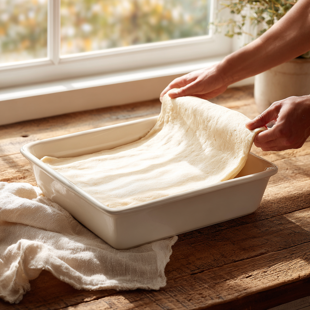 Pressing crescent roll dough into the bottom of a 9×13 baking dish, sealing the seams.