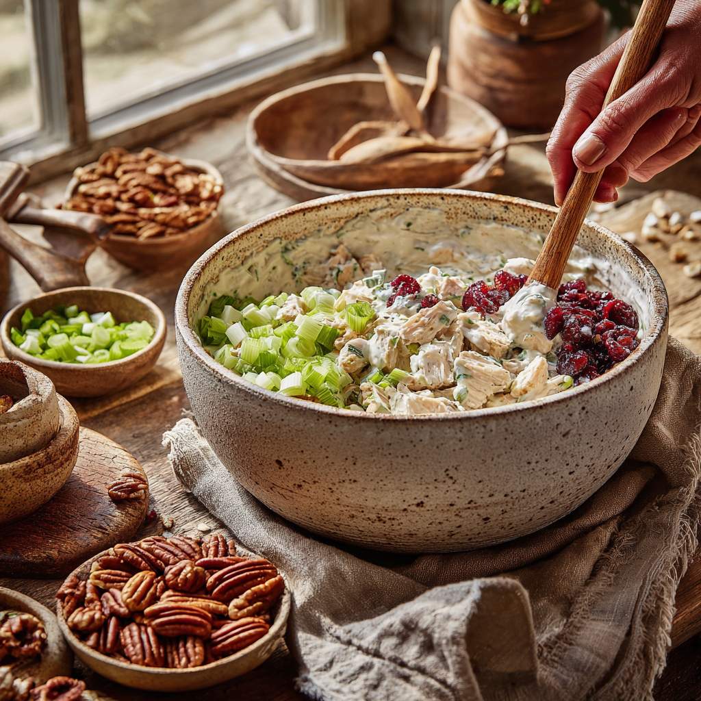 A rustic ceramic bowl filled with creamy dressing being combined with chopped chicken, diced celery, sliced green onions, dried cranberries, and pecans, with a hand stirring the mixture using a wooden spoon.