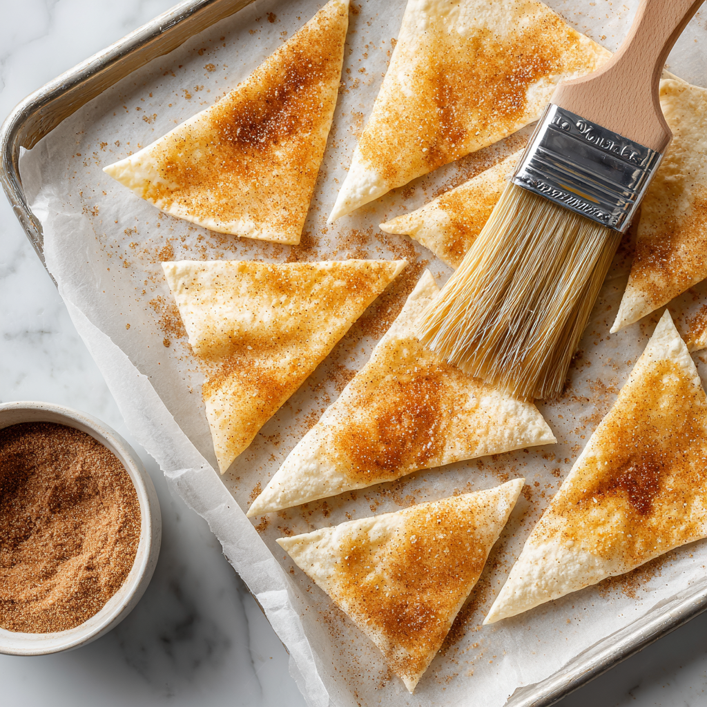 Tortilla triangle chips brushed with melted butter and sprinkled with cinnamon sugar on a parchment-lined baking sheet