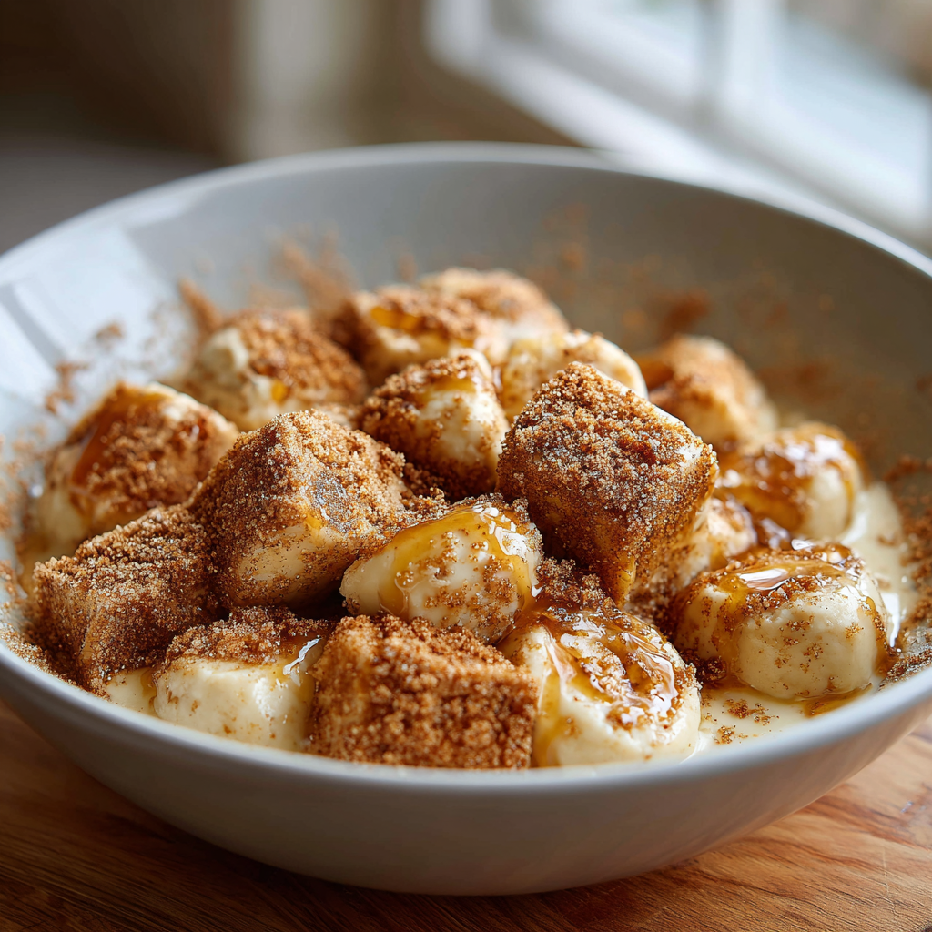 Raw cinnamon roll dough pieces coated in cinnamon sugar and melted butter in a mixing bowl.