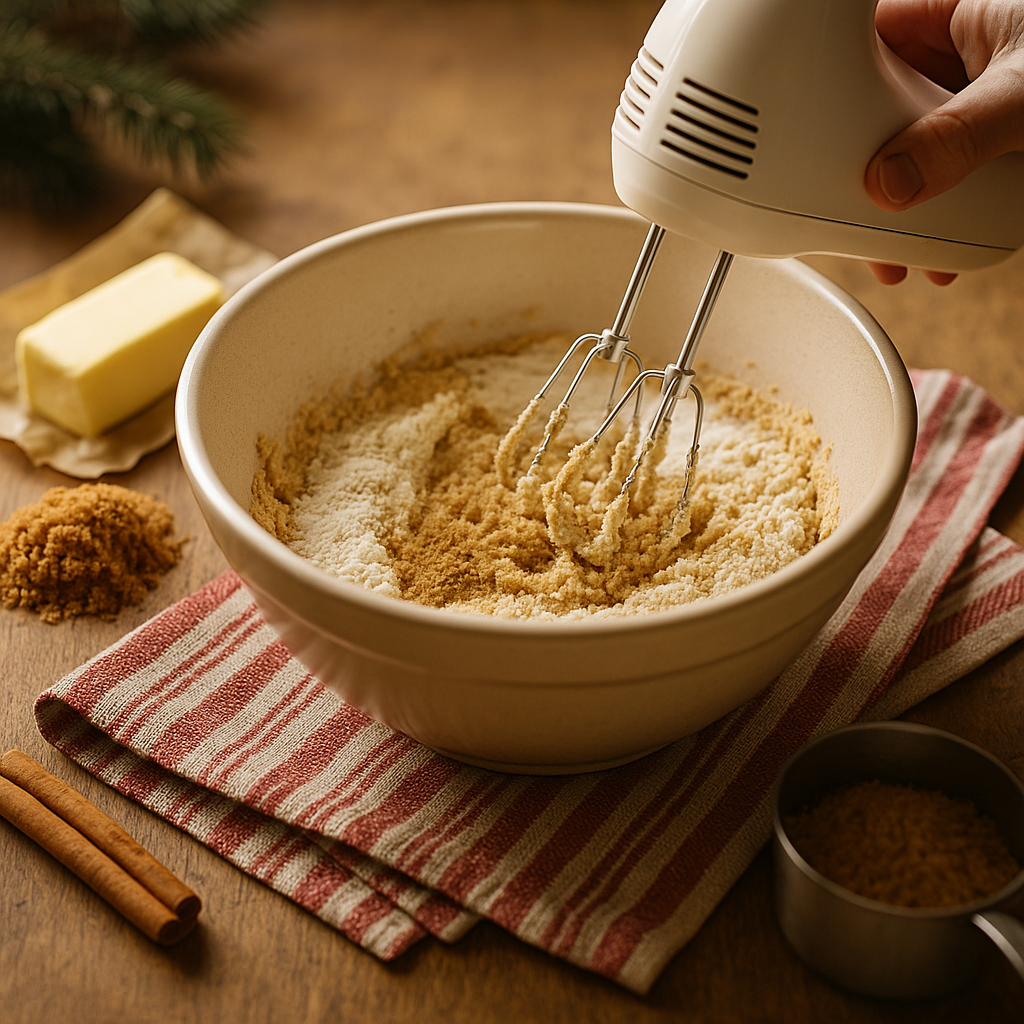 A close-up of a mixing bowl with softened butter and brown sugar being creamed together using a hand mixer, surrounded by brown sugar, a butter wrapper, and holiday accents on a rustic wooden countertop.