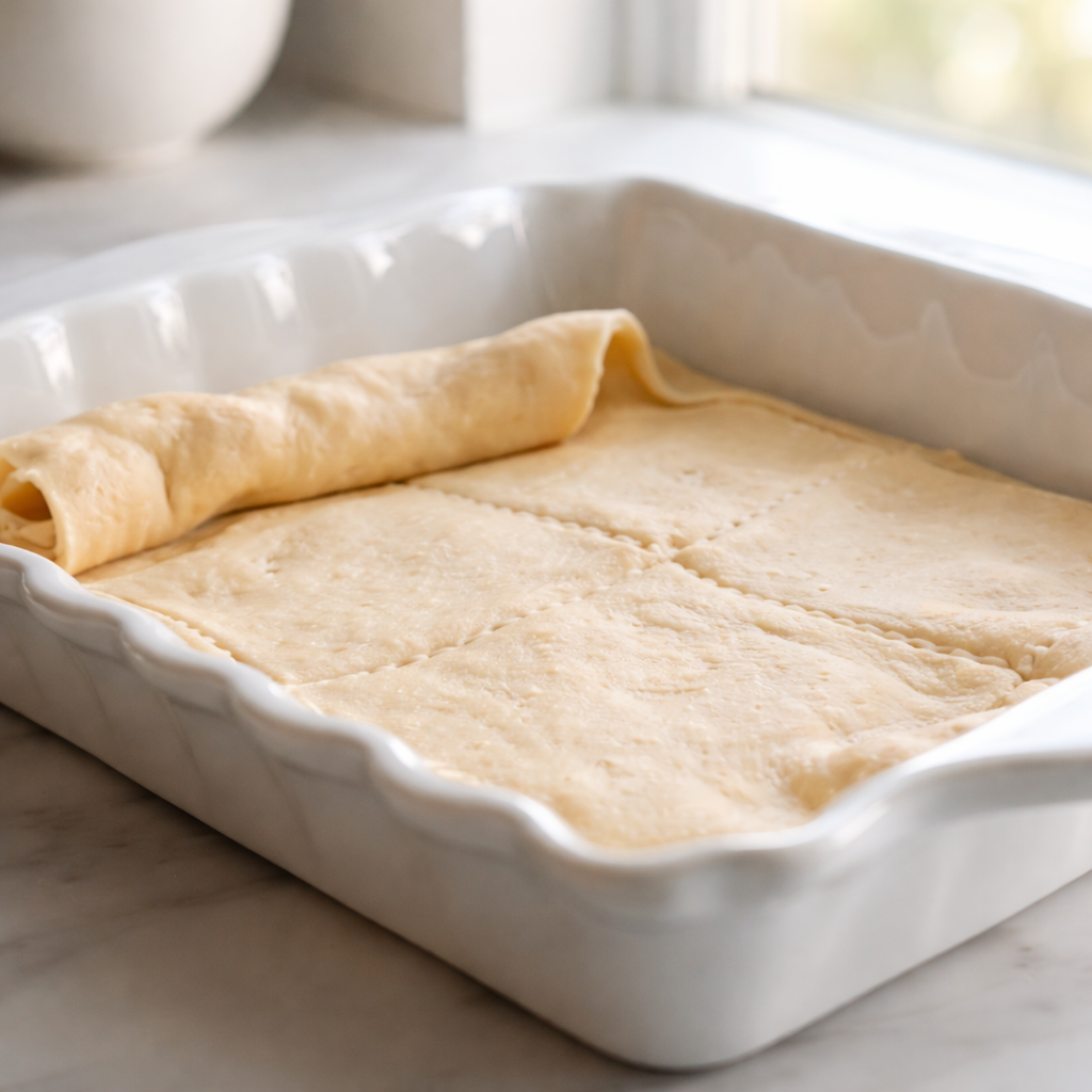 Raw crescent roll dough partially unrolled and pressed into the bottom of a 9×13-inch baking dish
