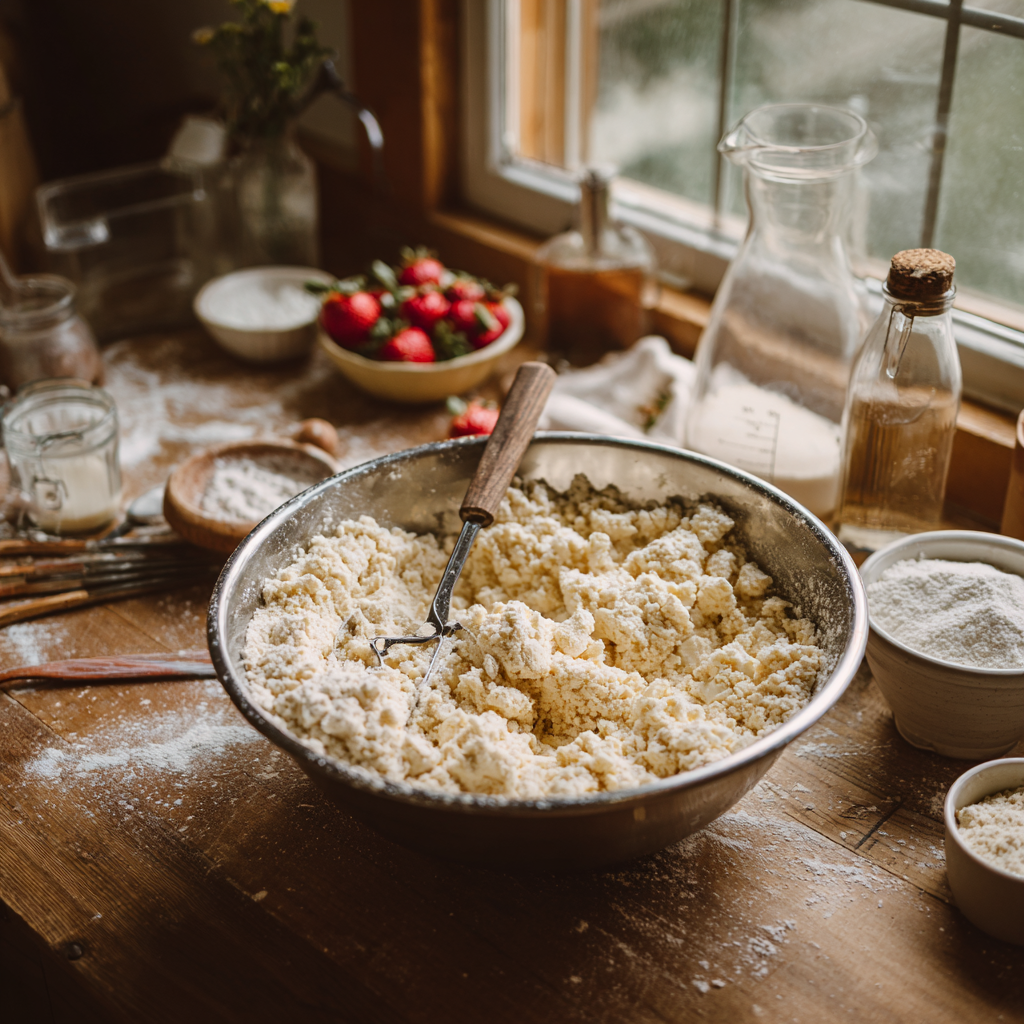 Shortcake dough with cold butter cut into flour using a pastry cutter, creating a coarse crumb texture for strawberry shortcake skillet dessert.