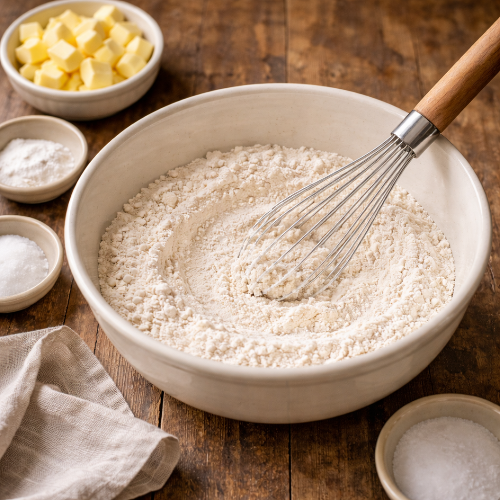 Whisking flour, baking powder, sugar, and salt together in a large mixing bowl on a wooden surface.