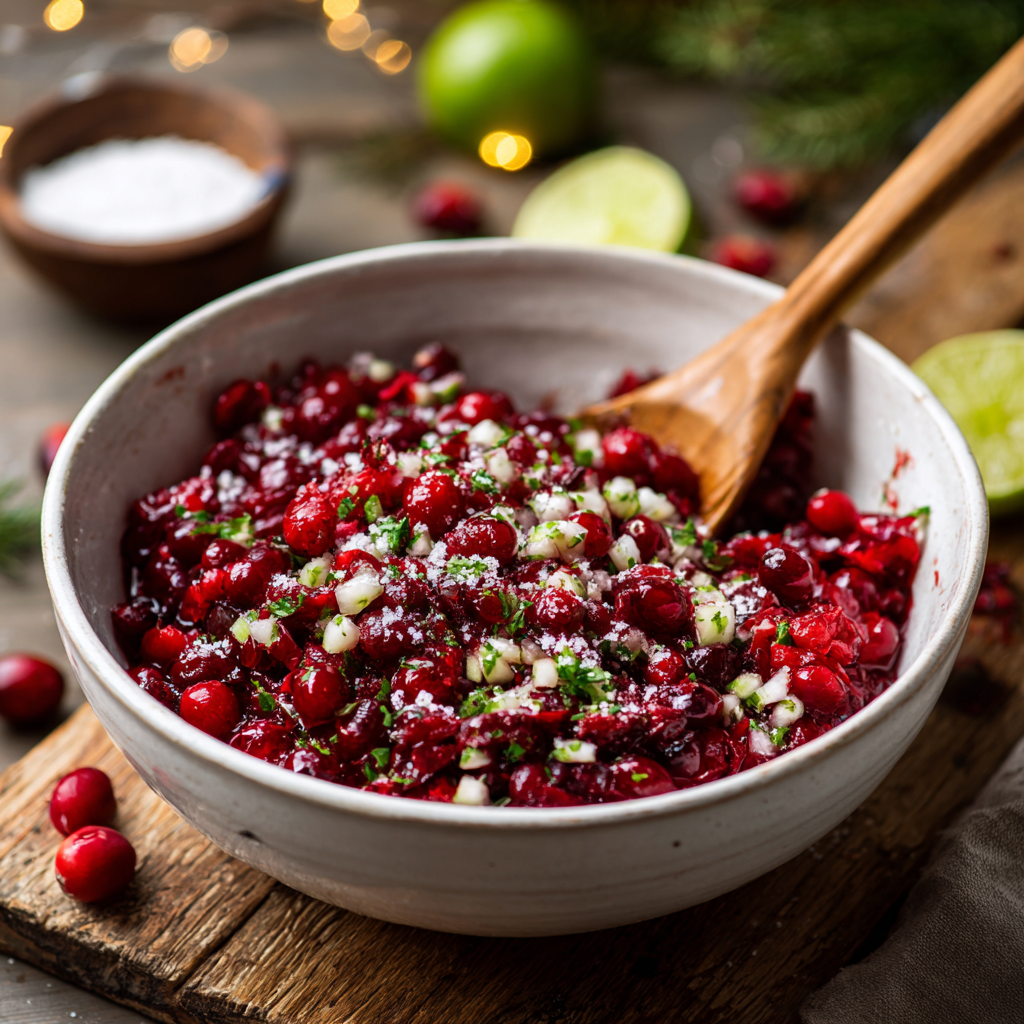 A large white mixing bowl filled with chopped cranberries, diced jalapeños, cilantro, sugar, and lime juice being stirred with a wooden spoon in a rustic holiday kitchen setting.