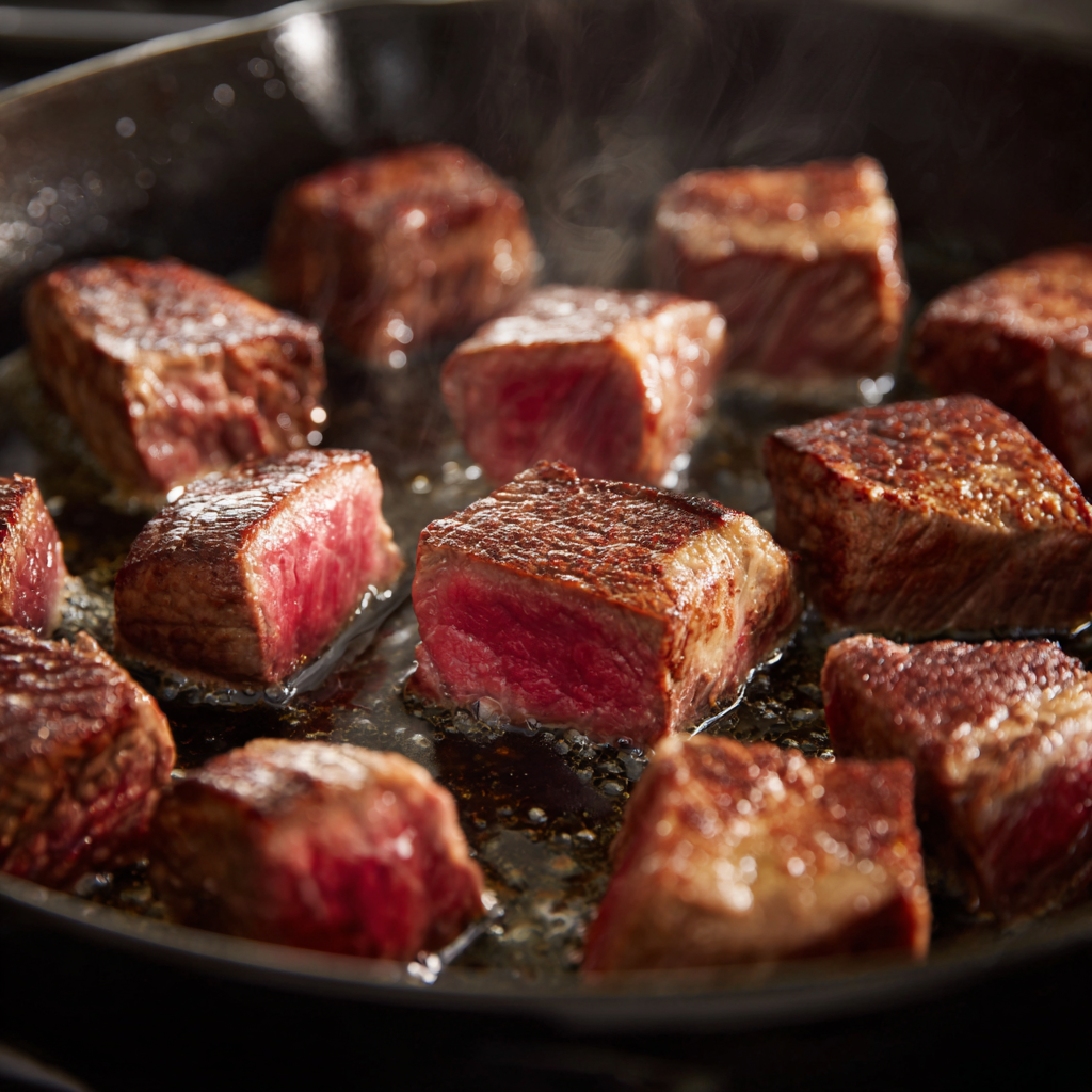 Steak bites searing in a cast iron skillet with a golden-brown crust and visible pink centers