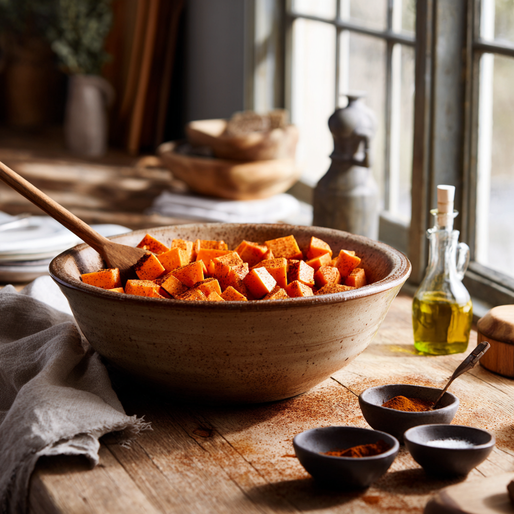 Diced sweet potatoes in a large rustic mixing bowl being tossed with olive oil, smoked paprika, cinnamon, salt, and pepper in a farmhouse kitchen.