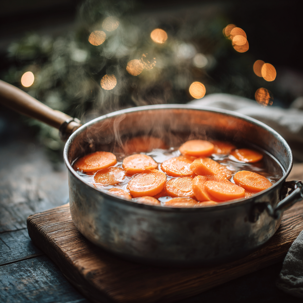 Sliced carrots simmering in an aluminum saucepan filled with water, with steam rising in a warm rustic kitchen setting accented by soft holiday bokeh lights.