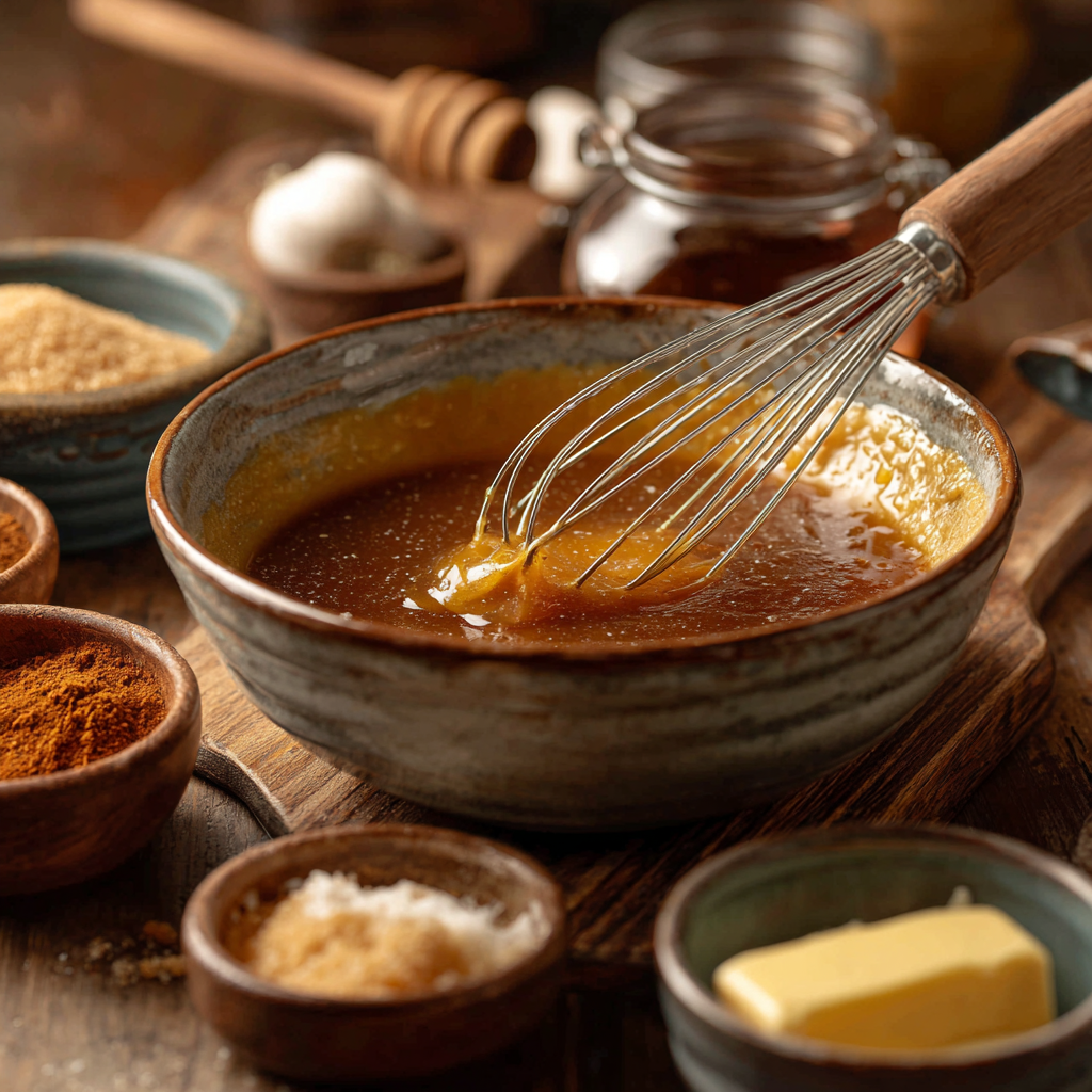 Rustic ceramic bowl filled with brown sugar glaze being whisked together, surrounded by brown sugar, spices, butter, and garlic in a warm farmhouse kitchen setting.