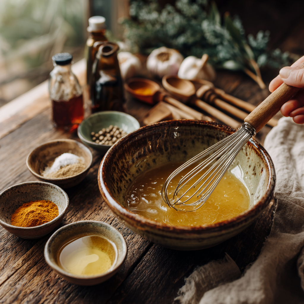 A rustic farmhouse kitchen scene showing a ceramic bowl filled with maple glaze being whisked, surrounded by small bowls of Dijon mustard, spices, melted butter, and maple syrup.