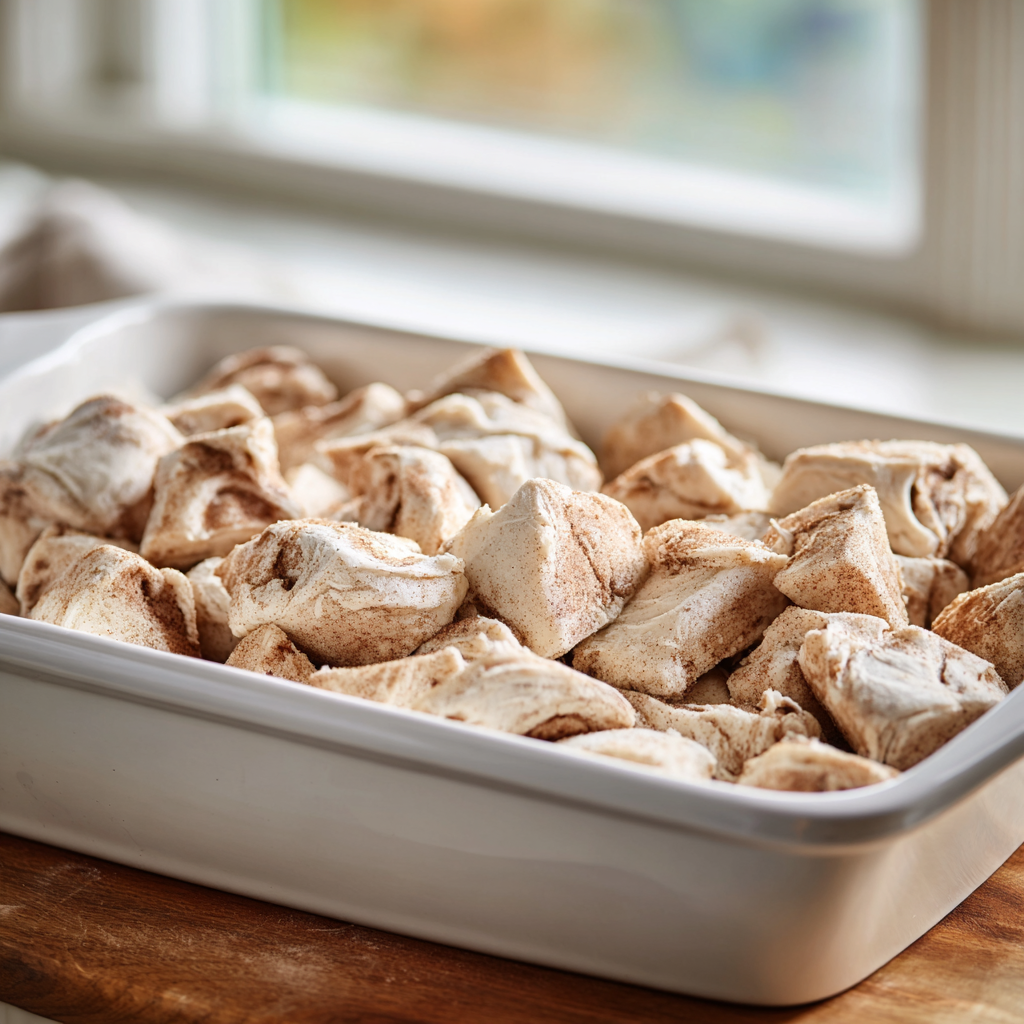Raw cinnamon roll dough pieces loosely layered in a greased baking dish before baking.