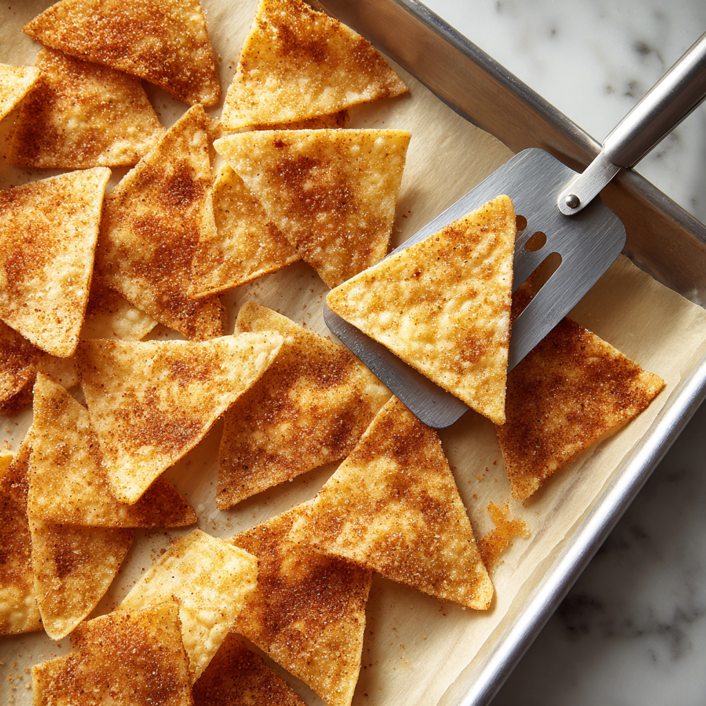 Baked cinnamon sugar tortilla chips golden and crisp on a parchment-lined baking sheet with a spatula lifting one chip