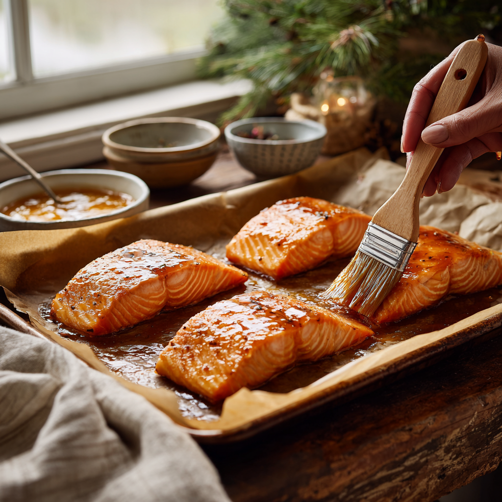 A hand uses a brush to coat raw salmon fillets with a glossy maple glaze on a parchment-lined baking sheet in a warm rustic kitchen setting.