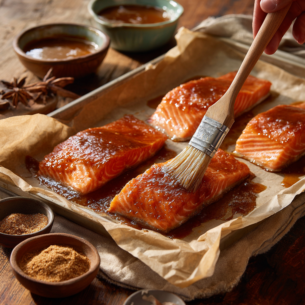 Raw salmon fillets on a parchment-lined baking sheet being brushed with a thick, glossy brown sugar glaze in a warm rustic kitchen setting.