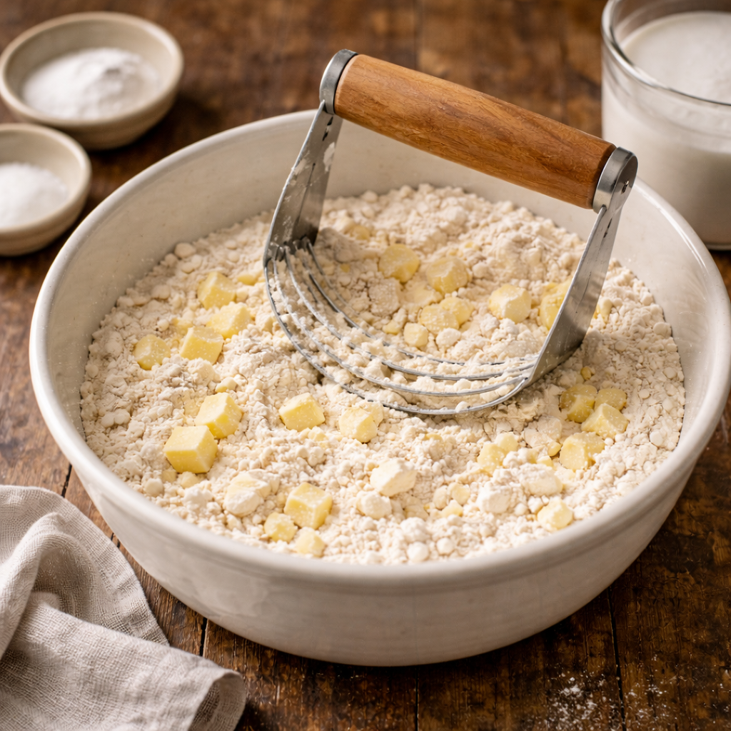 Cold butter cubes being cut into flour with a pastry cutter until coarse crumbs form.
