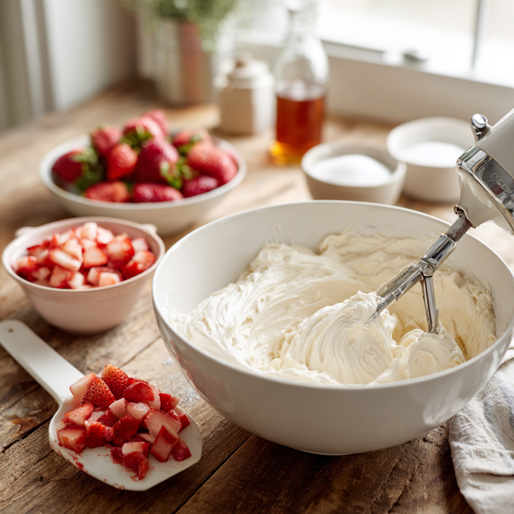 Cream cheese filling being mixed until smooth in a bowl with diced strawberries nearby